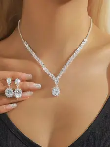 Elegant Artificial Zircon Decorated Necklace & Earrings, Zirconia Fashionable Jewelry Set, Fashion Jewelry for Party, Daily Clothing Decor, Trendy All-match & Exquisite Jewelry for Birthday Gift
