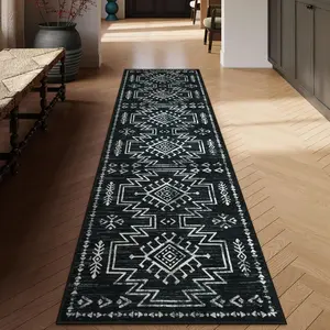 Black Runner Rug for Hallway Non Slip, Boho Machine Washable Stain Resistant Runner Rug for Entryway Bathroom Kitchen, Moroccan Western Low Pile Long Carpet for Entrance (2'5''x8')