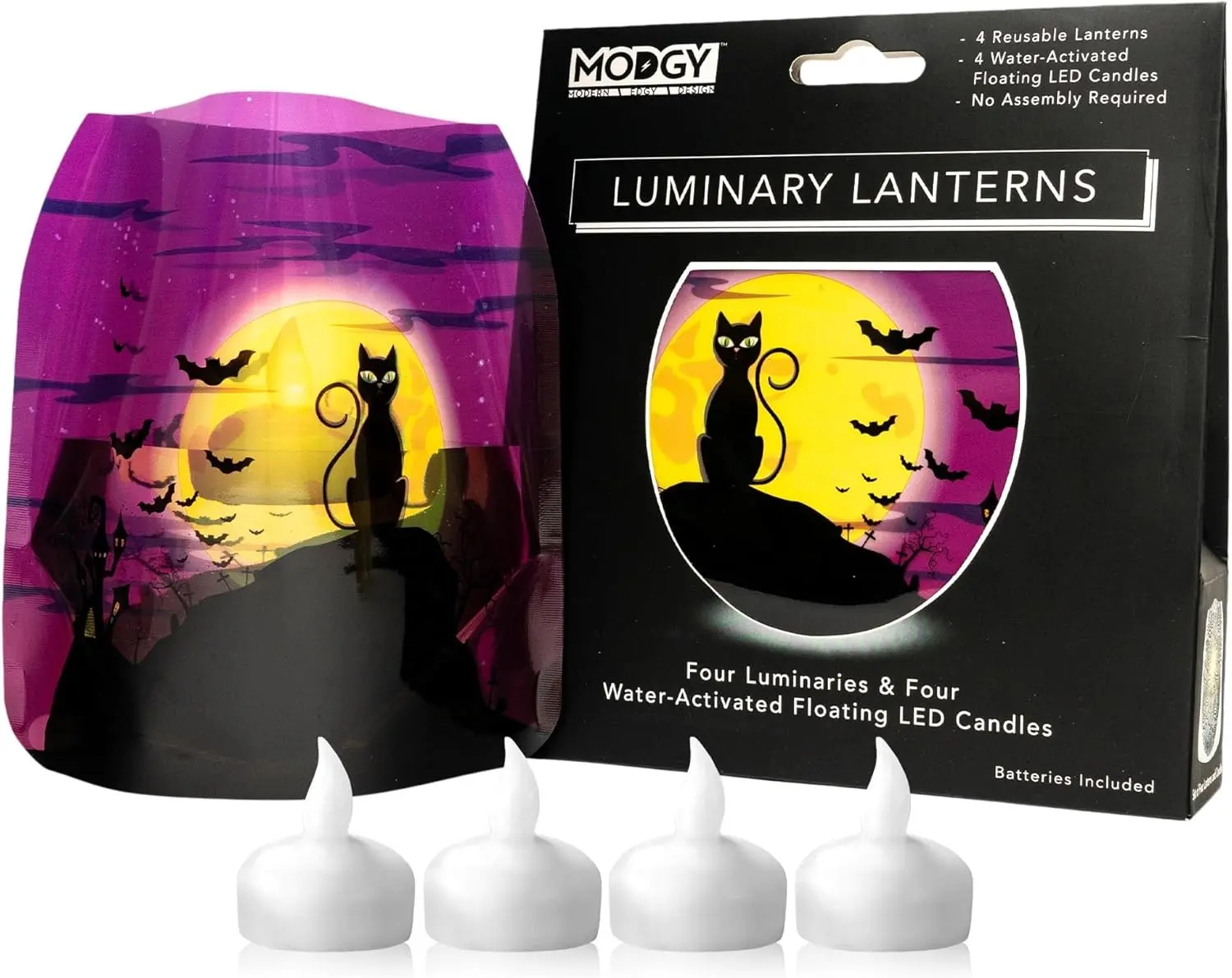 4-Pack Decorative Plastic Halloween Lantern Candle Holders with Flameless Floating LED Lights, Indoor-Outdoor Home Party Decor for Windows, Mantels, Table Centerpieces (Salem Themed)