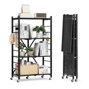 VEVOR 4-Tier Foldable Storage Shelf, 26Wx 13Dx 46H Inch Folding Metal Rack Shelving Unit, No Assembly Organizer Shelf with 5 Wheels 4 Hooks for Pantry, Kitchen, Garage, Basement, Black