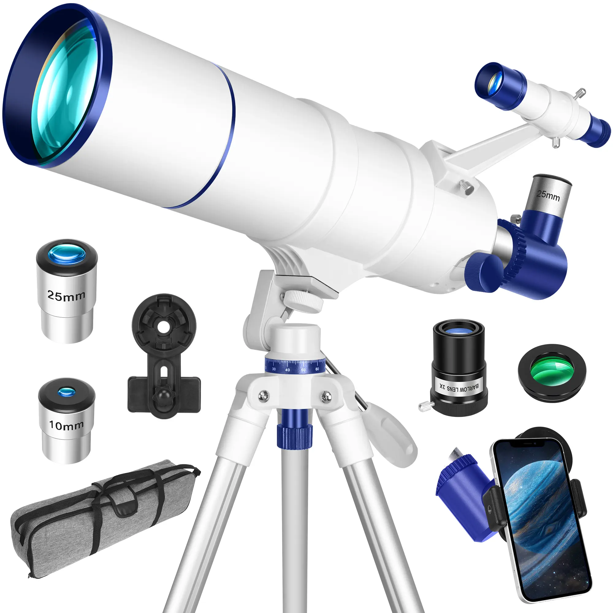 90mm Aperture 550mm Refractor Astronomical Telescope for Adults, Portable Travel Telescope with Tripod, Adapter, Carry Bag, Folding Stool, Barlow Lens, Eyepieces, Lunar Viewing Moon Filter for Outdoor Observation Beginners