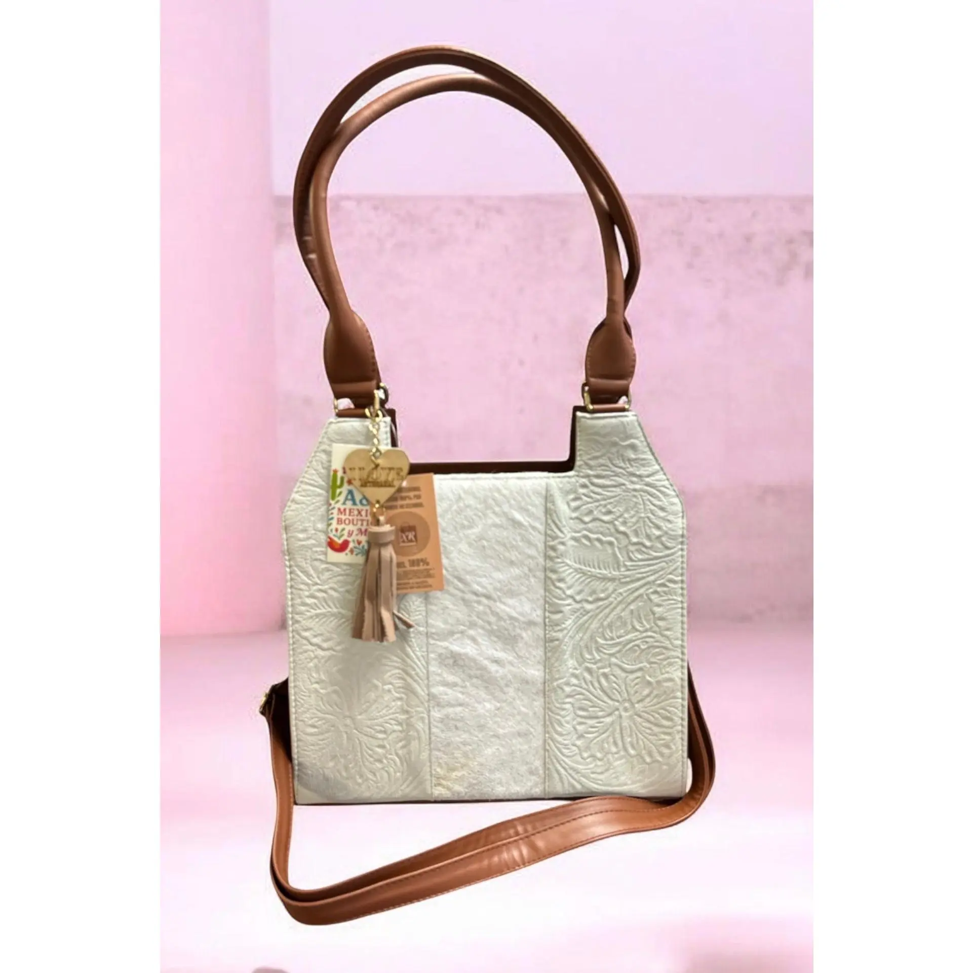 Women's Artisan Embossed Leather Crossbody Bag - White Tooled Satchel with Natural Fur, Tassel, and Adjustable Shoulder Strap