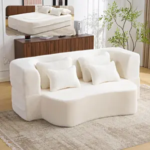 Convertible Folding Sofa Bed, 78” Full Size Floor Sleeper Couch, Chenille Full Foam Curved Back Futon Loveseat for Living Room Bedroom, No Assembly (White)