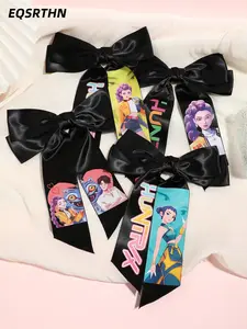 4pcsLarge Kpop Hair Bow with Girl Band Printed Ribbons | Comfortable Secure Clip | Versatile Design Ponytail Hairstyle