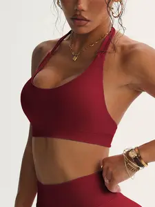 Sexy Backless Halter Sports Bra, Shockproof Gathered Sport Top, High Waist Yoga Set Short Tank Top, Sporty Style, Solid Pattern