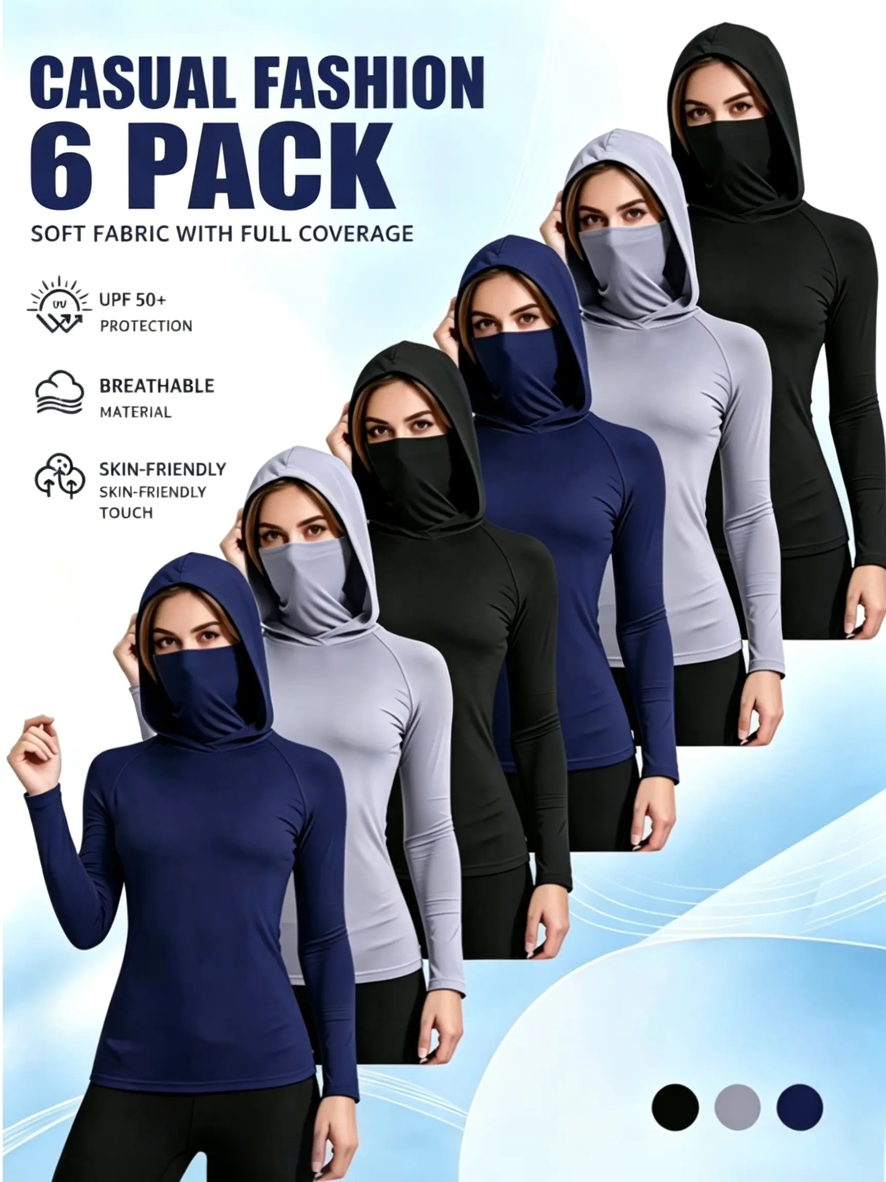 Women's 6-Pack Fitted Plain Performance Hooded Long Sleeve Sports Shirts, Built-in Face Mask, UPF 50+ Sun Protection, Lightweight Quick Dry Breathable Moisture Wicking Compression, All Seasons for Fishing Hiking Outdoor Activities