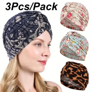 3 PCS Chemo Headwear for Women, Pleated Cancer Headscarf Floral Print Turban Beanie Hat Elastic Head Coverings Wraps for Hair Loss Sleep Cap