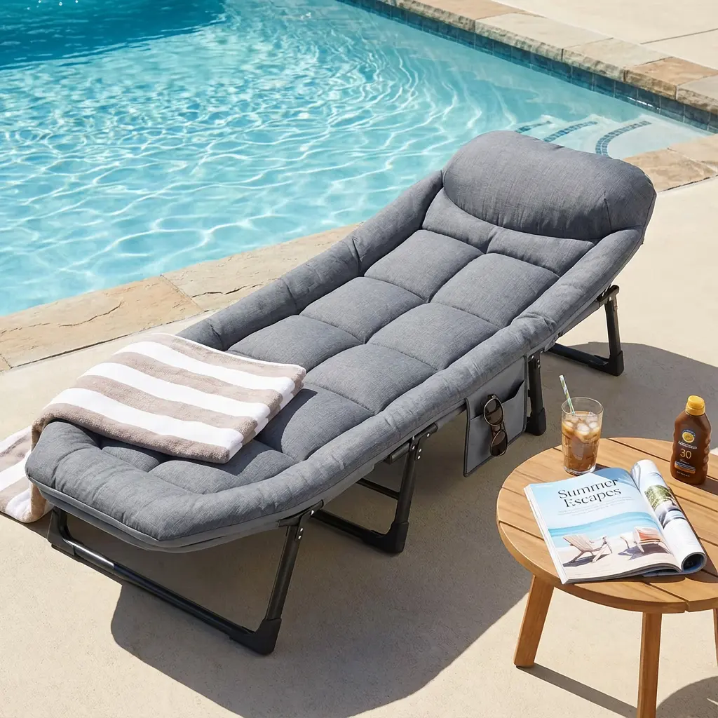 Portable Adjustable Folding Lounge Chair – Space-Saving Design with Side Pocket for Bedroom, Office, and Outdoor Camping