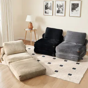 HOOOWOOO Folding Couch Sofa Bed, Foldable Floor Mattress with Side Pocket, Convertible Sleeper Chair with Pillow, Corduroy Fabric, Comfy Portable Fold Out Chair for Living Room Bedroom, Beige