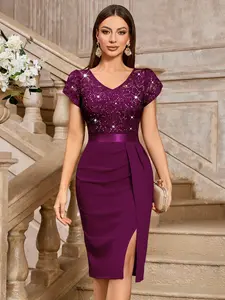 MIUSOL 54347A Elegant Sequin Floral Lace Petal Sleeve Ruched Split Thigh Cocktail Party Bodycon Dress,Semi Formal Women Dress,For Wedding Guest, Graduation, Dinner