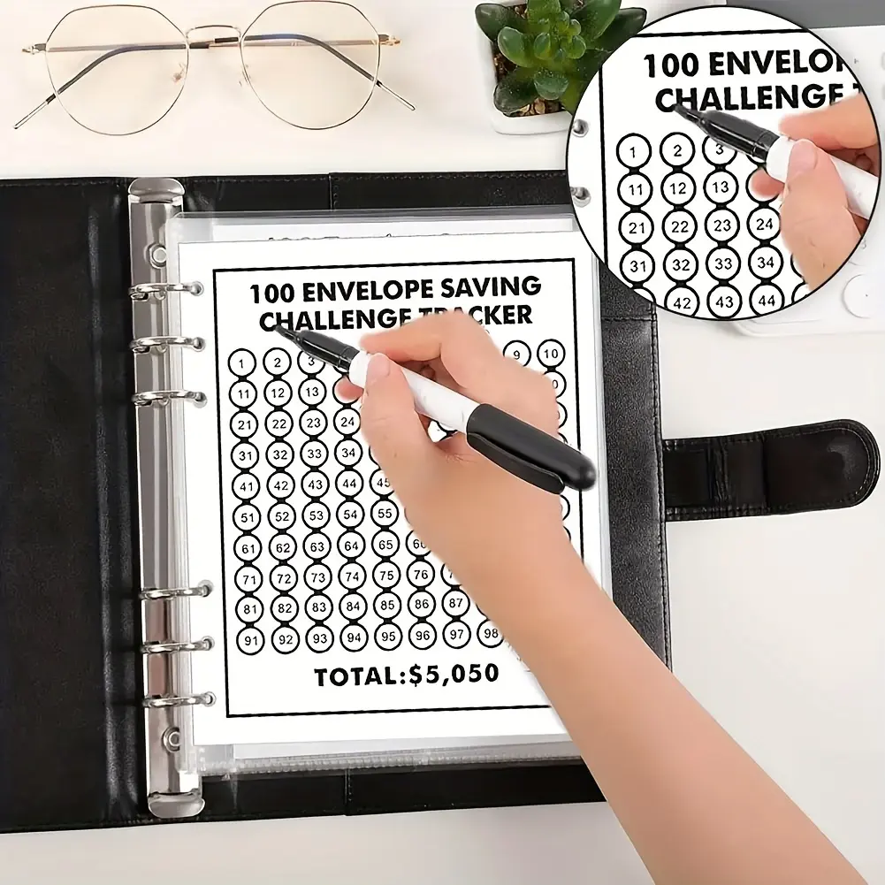 1pc, 100-day Money Saving Binder, Savings Tracker Organizer, Way To Save $5, A5 Savings MoneyChallenges Binder With Cash Notebook 25pcs 4-grid Inner Pages Savings Challenge Planner Monthly Budget Planner