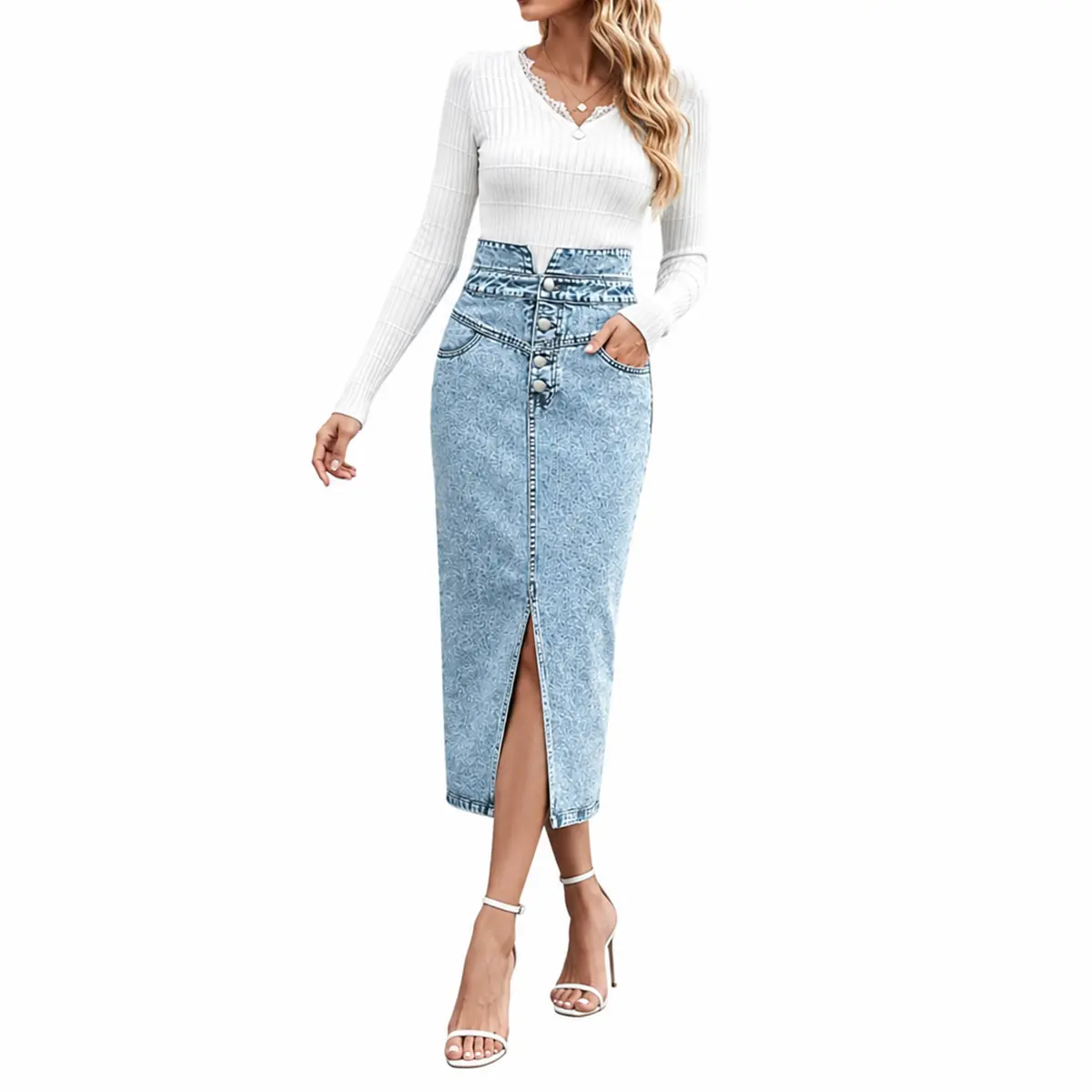 utcoco Women's Chic Elegant High-Waisted Fitted Stretch Denim Pencil Skirt - Midi Length, Slit Hem, All-Season Skirts for Women, Stretch Skirt