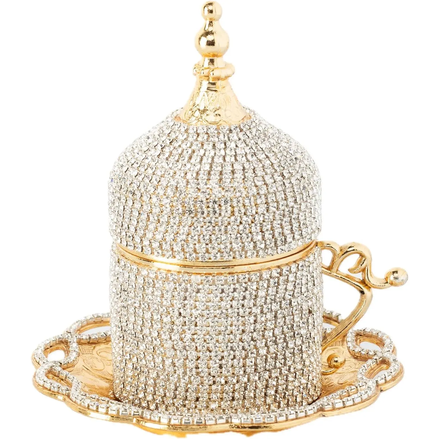 DEMMEX Turkish Coffee & Espresso Cup, Fancy Turkish Greek Arabic Coffee Cup with Inner Porcelain, Metal Holder, Saucer and Lid, Handmade with Crystals, 2 Oz - 60ml (Gold with Crystals)
