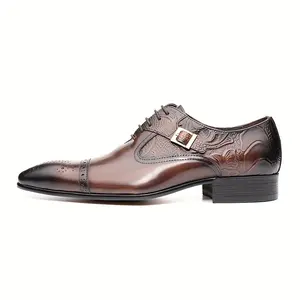 Men's Cowhide Formal Leather Oxford Shoes - Brown Elegant Style, Office Wear, Side Buckle, Laced, Fashion Designer Footwear, Fathersday Gift, Black Option, NG21855, Fathersdaygift,summervibes