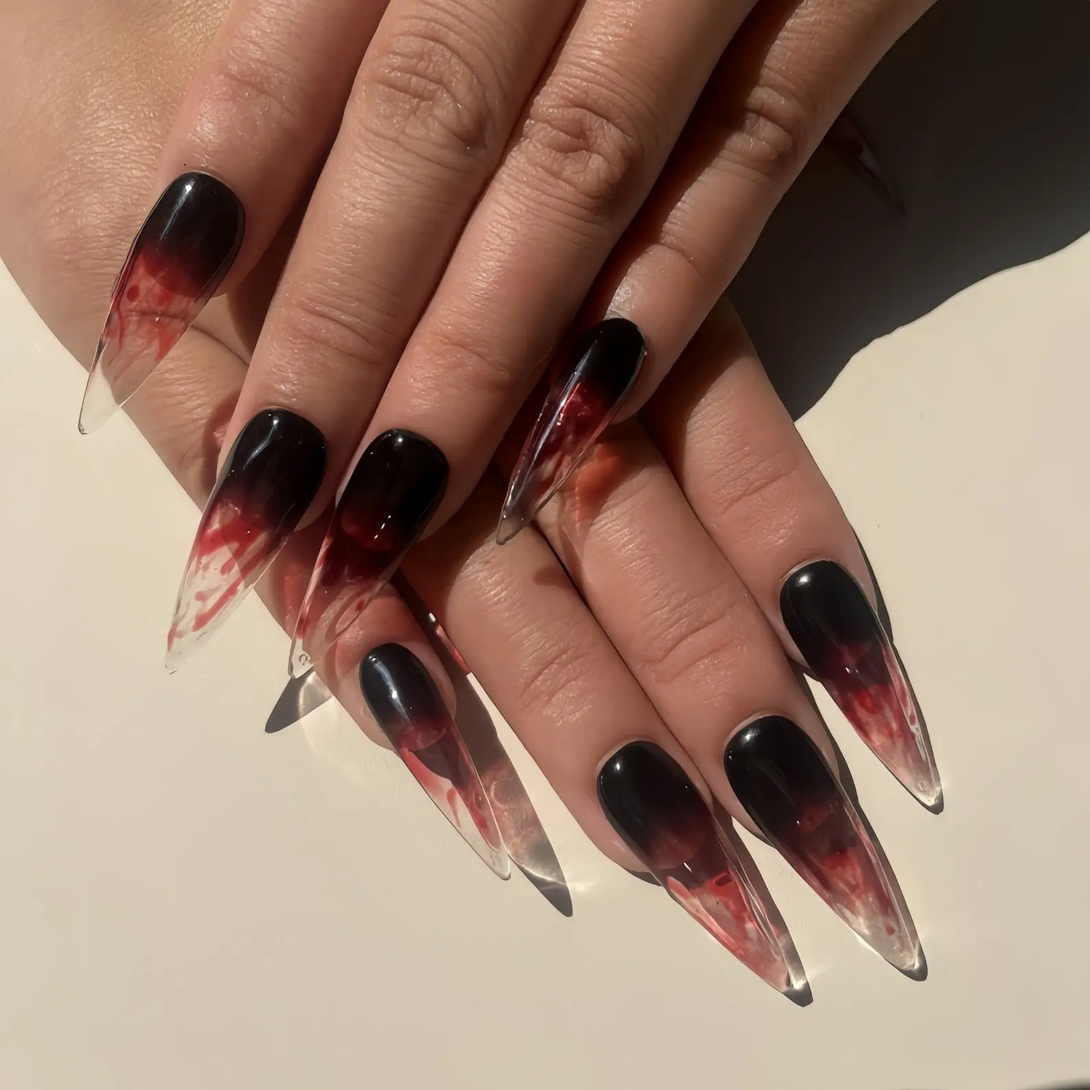 Vampire Blood Drip Press On Nails, Long Stiletto Red Black Ombre Fake Nails | Horror Sharp Gothic Nail Art for Halloween Look