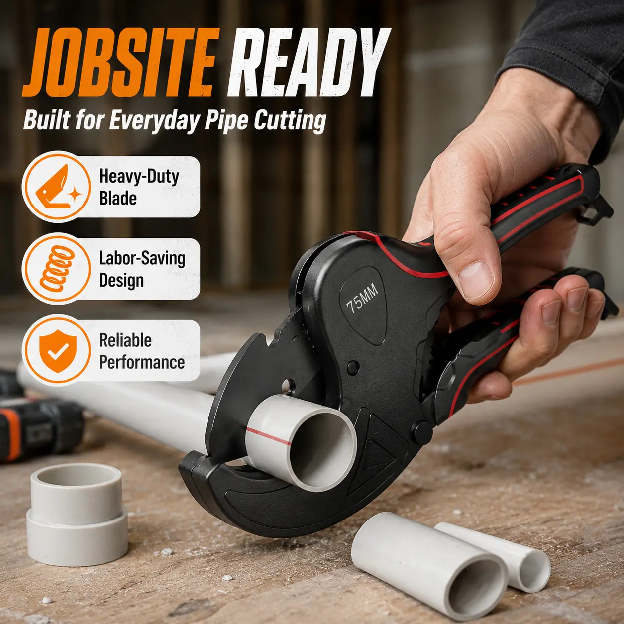 32mm Heavy-Duty Ratchet PVC Pipe Cutter with Durable Heavy-Duty Blade, Labor-Saving Design & Ratchet Mechanism for PEX, PP, PE Tubing Clean Straight Cuts - Home Plumbing Repair Tool
