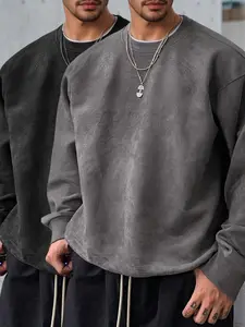 Men's Fall Winter Casual Fitted Long Sleeve Round Neck Sweatshirt, Comfortable Plain Color Velvet Pullover, Stylish and Soft Fabric, Menswear