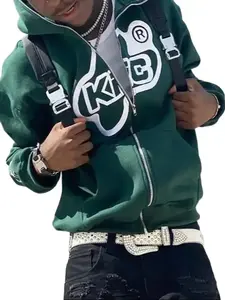 Men's Graphic Print Zip Up Hoodie Long Sleeve Hooded Sweatshirt in Green with White Logo for Menswear Tops Pullover Casual