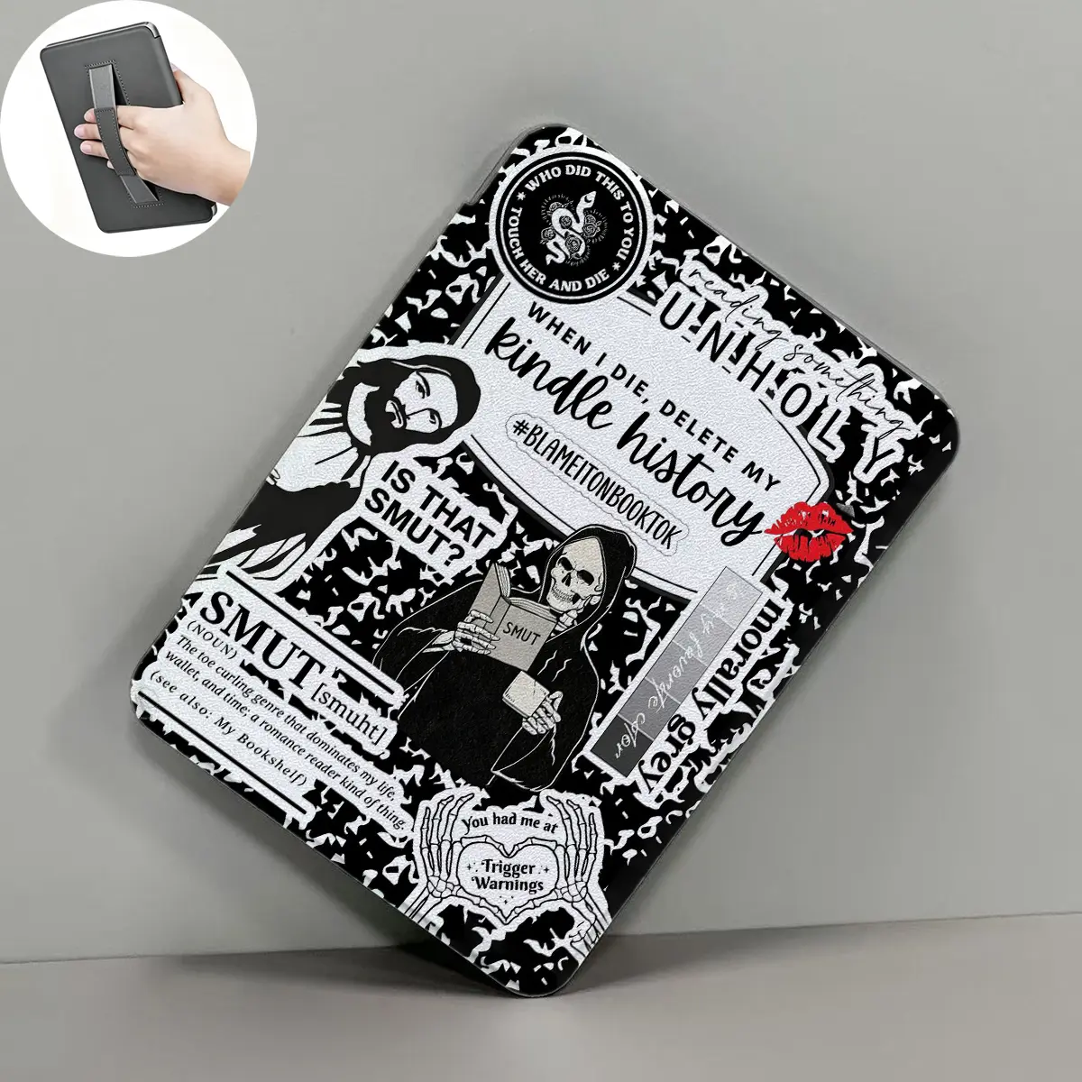 E-Reader Tablet Kindle Case with Holder - Slim PU Leather Cover for 6in, 6.8in, 7in Devices, Dark Aesthetics Design, Clear Soft Back, Auto Wake/Sleep, Light Durable Protection for Paperwhite 11th/12th Gen, Kindle 2022/2024