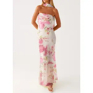 Women Floral Off Shoulder Long Tube Dress With Scarf