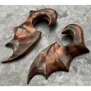 PAIR of Unique Hand Carved Organic Sono Wood Bat Wing Tapers/Plugs - Expanders - Gauges 6g (4mm) thru 00g (10mm)