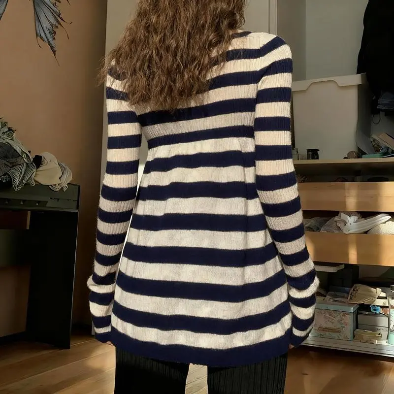 Fairy Grunge Sweater Pullovers Tops Women Stripped Babydoll Tops Vintage Long Sleeve Button Square Neck Knitted T-shirt