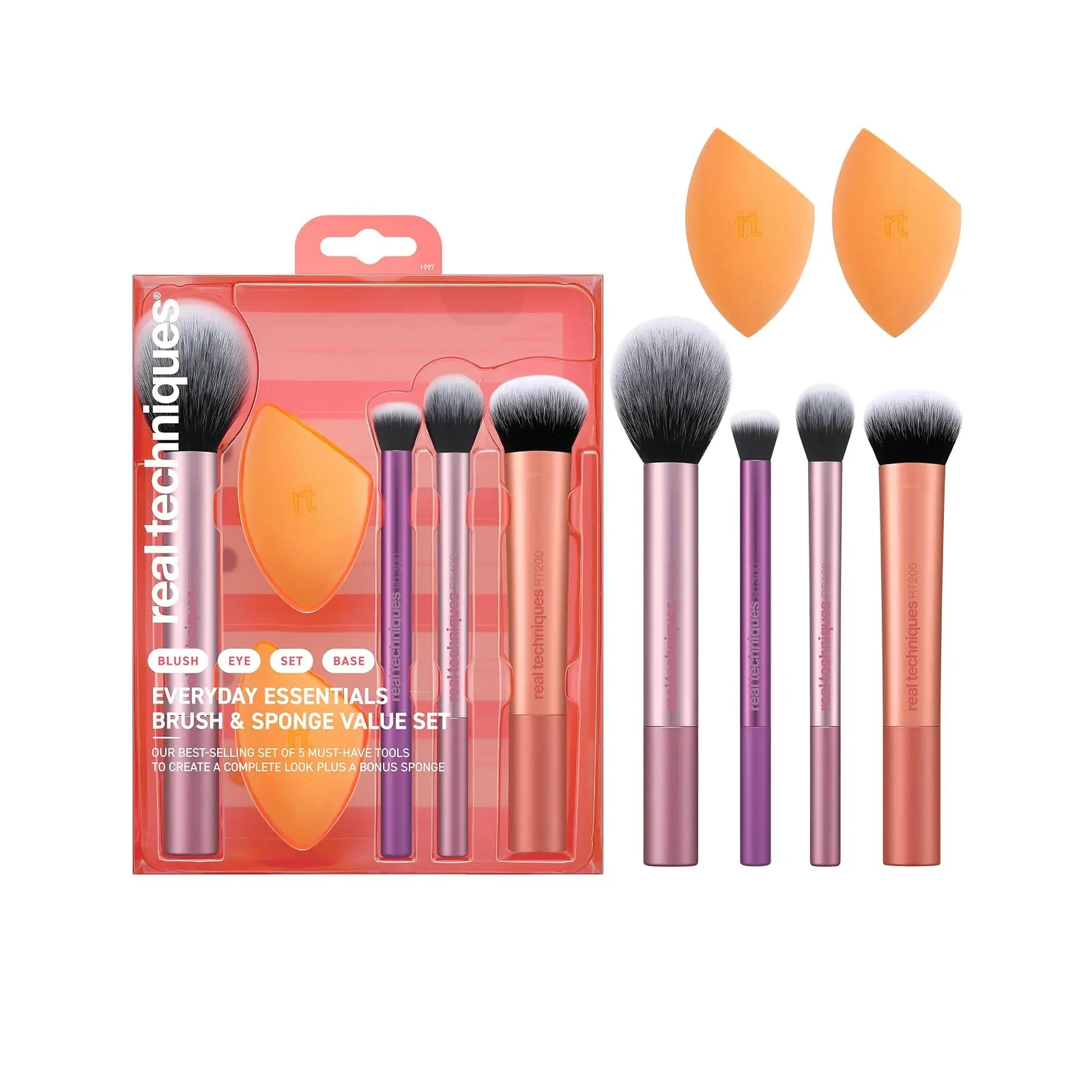 6 Piece Everyday Essentials Makeup Brush Set, Includes 4 Brushes & 2 Makeup Sponges for Foundation, Blush, Bronzer, Contour, Eyeshadow & Powder, Travel Gift Set, Cruelty-Free & Vegan
