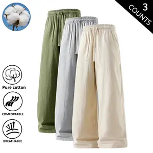 Men’s 3-Pack Wide-Leg Cotton Pants, Casual Loose Drawstring Trousers, Breathable & Comfortable for Everyday Wear