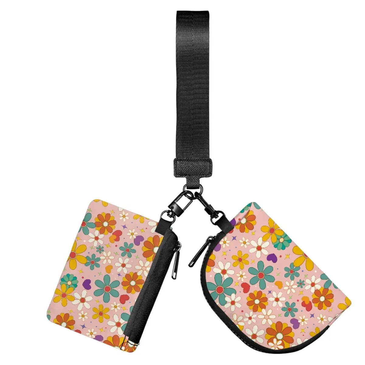 Floral Wristlet Wallet for Women, Detachable Hippie Flower Dual Pouch Bag with Zipper, Small Makeup & Coin Purse for Keys, AirPods, Cards, Travel & Yoga Essentials Gift minimalist trendy