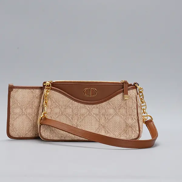 Pre-owned Dior leather Shoulder Bags 30 Montaigne Natural Cannage Raffia Pouch with Chain BGP208397