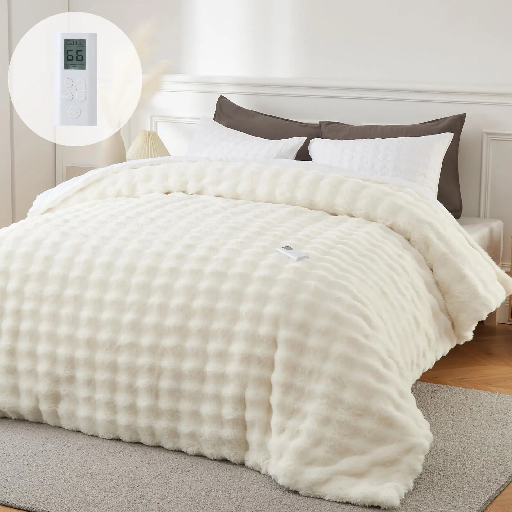 GARVEE Heated Comforter Queen Size with Wireless Remote & Dual Zone Control, Luxury Faux Fur Electric Bedding Blanket, 6 Heat Levels & Auto Shut-Off, for Couples, Beige,90*90inch