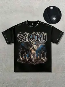 Rhinestone collar said blessed men's cotton short sleeved top shirt, dark angel print pattern men's T-shirt, casual street style Streetwear fashion brand unisex Classic American vintage retro shirt T-shirt cross short sleeved men's dark