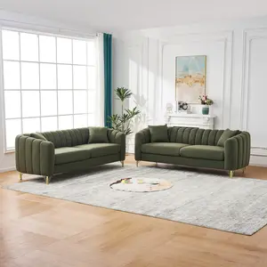 Oversized Boucle Sofa Couch Set of 2, 85" & 85" Modern Cloud Sofa Couch with 6 Deep Seater Sectional Loveseat Upholstered Boneless with Gold Metal Legs for Living Room, Bedroom, Apartment, Green