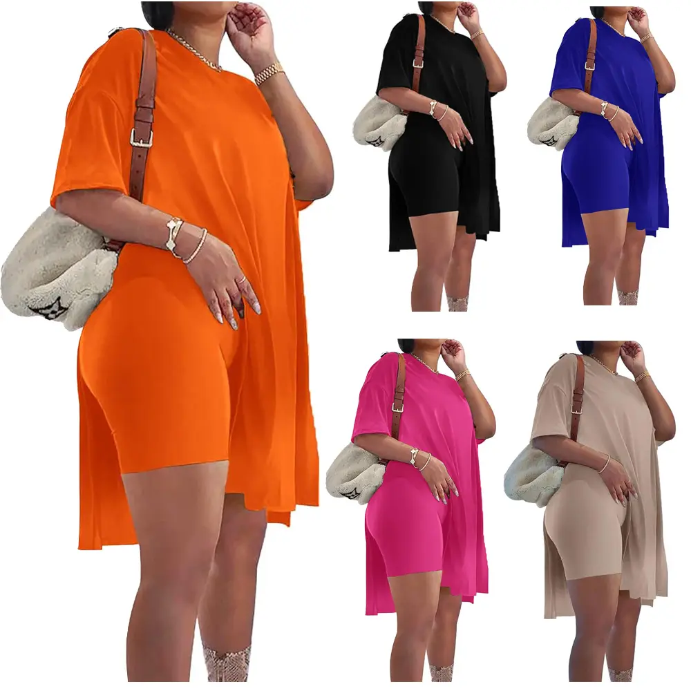 Women 2 Piece plus Outfits Lady Crewneck Short Sleeve Tunic Tops and Skinny Biker Shorts Sets Tracksuits Casual Soft comfortable Loose and flowy Womenswear Clothes Leggings Stylish Holiday party rave Outfits back to school gift