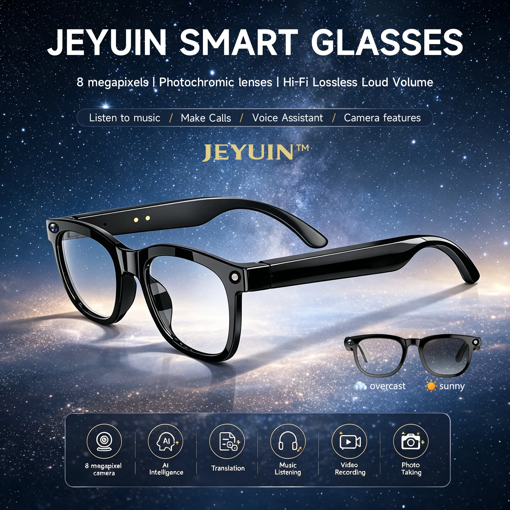 JEYUIN Smart Camera Glasses - Unisex Adult Bluetooth Audio Vlogging Equipment, Hands-Free Recording, Photo Capture, Real-Time Translation, Compatible with iPhone & Android for Travel, Outdoor Adventures