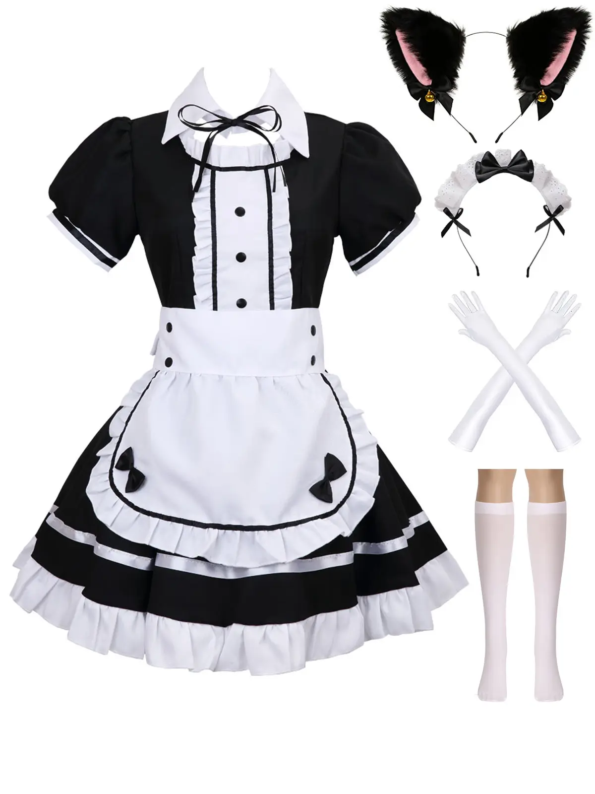 Women's Lolita French Maid Outfit Halloween Anime Costume with Apron Gloves Headband Socks 6 Pcs Set Furry Ears