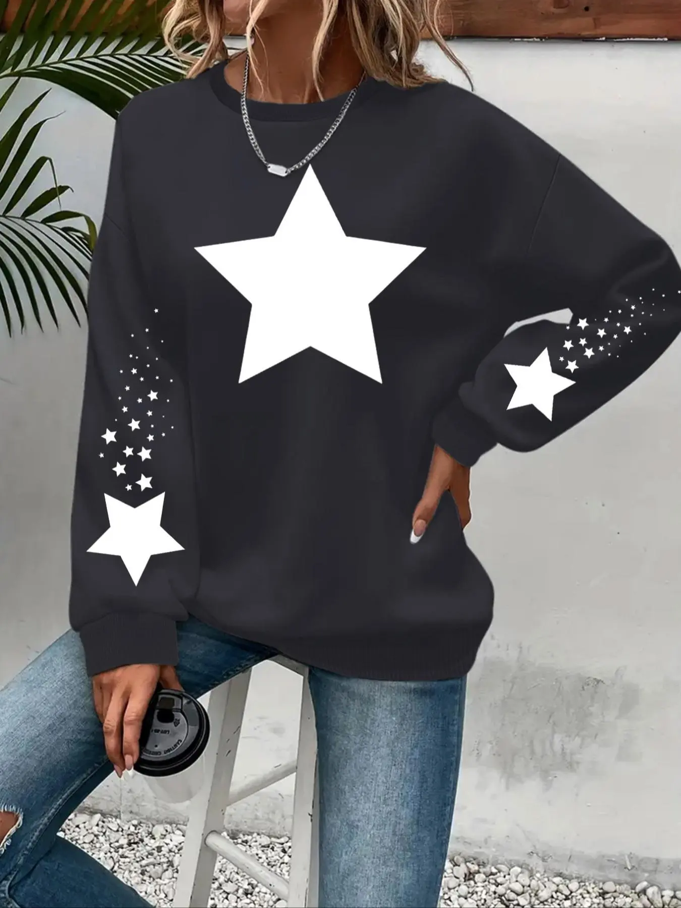 Women's Star Print Drop Shoulder Sweatshirt, Casual Long Sleeve Round Neck Pullover for Fall & Winter, Casual Sweatshirts, Women's Clothes for Daily Wear