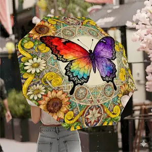 Elegant Rainbow Butterfly Umbrella, Automatic Open-Close Folding Design, UV Protection, Perfect for Outdoor Travel, 8-Rib Structure