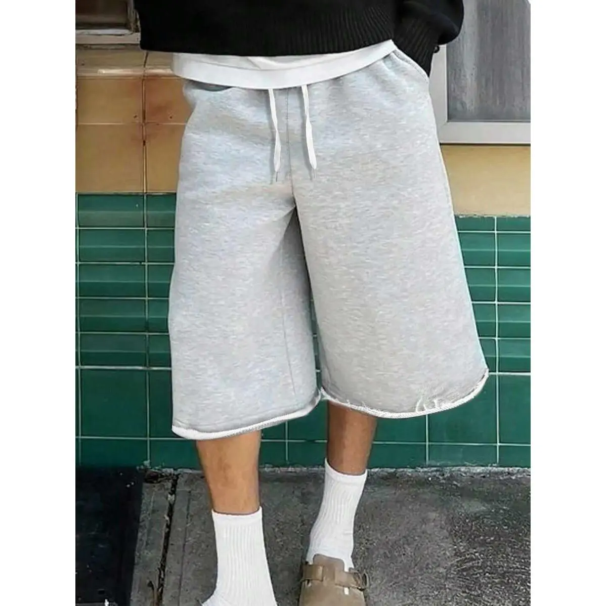 Manfinity Hypemode Men's Casual Versatile 3/4 Length Sweatpants With Rolled Hem. Summer Drawstring Waist Pants, Versatile Daily Wear, Gift For Boyfriend, Back To School Season, Oversized,Solid Color