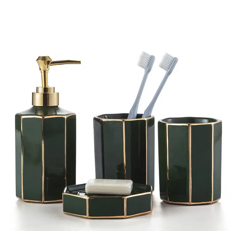 Watson 3-Piece Freestanding Octagon Ceramic Bathroom Accessory Set - Gold Accents, Emerald Green/Pink, Soap Dispenser, Toothbrush Holder, Soap Dish for Modern Bathrooms