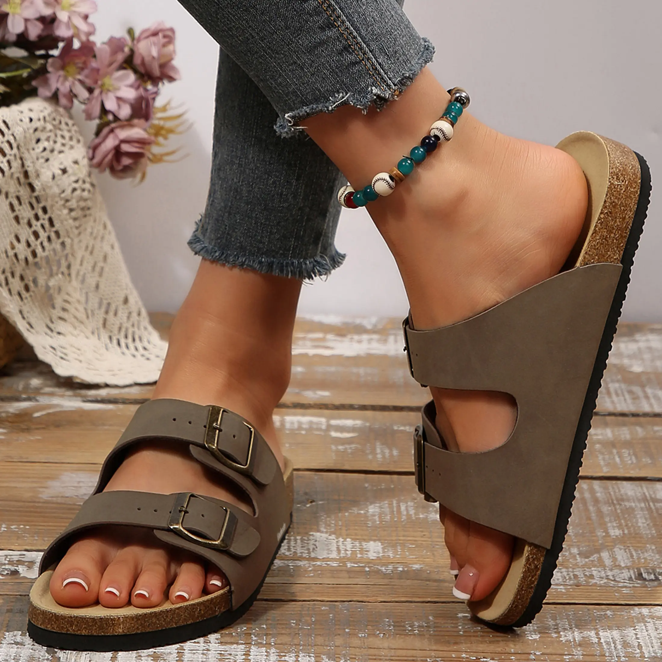 Women's Sandals Vintage Style Slides Soft Cork Insole Open-Toe Sandals with Metal Buckles Indoor Outdoor Shoes