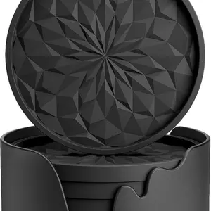 Silicone Coasters [6 Pack] Coasters with Holder - Drinking Coasters - Cup Mat for Drinks - Live for Hot or Cold Drink Thickened, Non-Slip, Non-Stick, Deep Tray Black