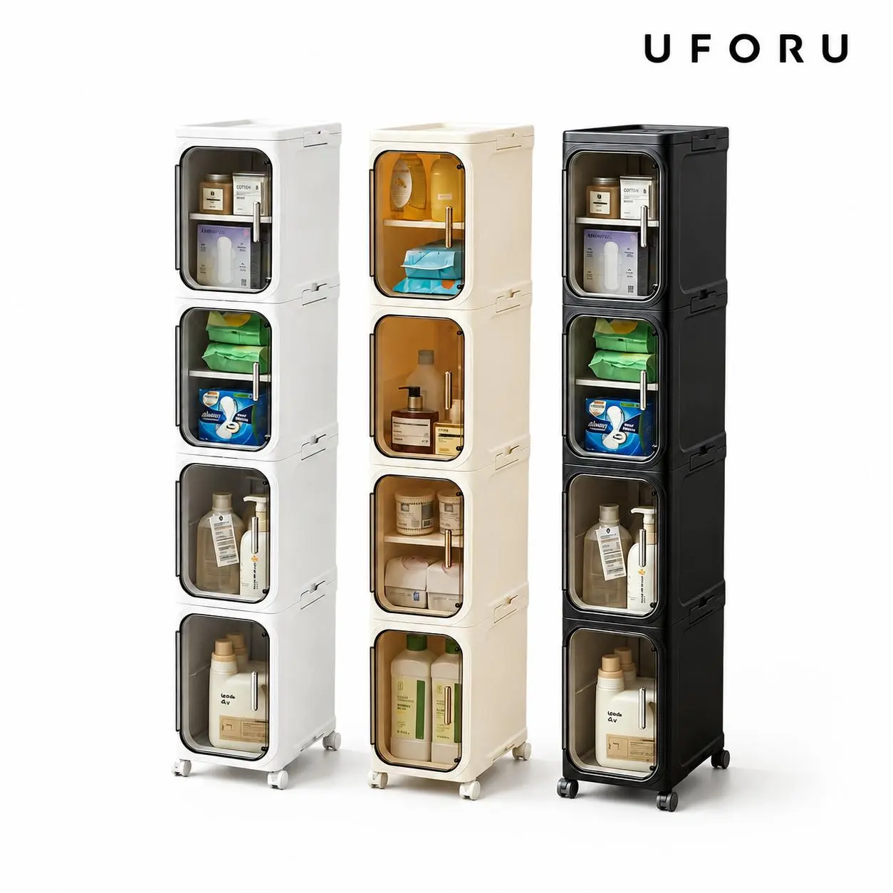 UFORU four-layer tall and narrow storage cabinet, made of plastic, with a slim design, doors and adjustable shelves, wheels, stackable and foldable, suitable for small spaces, bathrooms and kitchens,dealsforyou,midyearsale,dealsforyoudays,#SummerWins