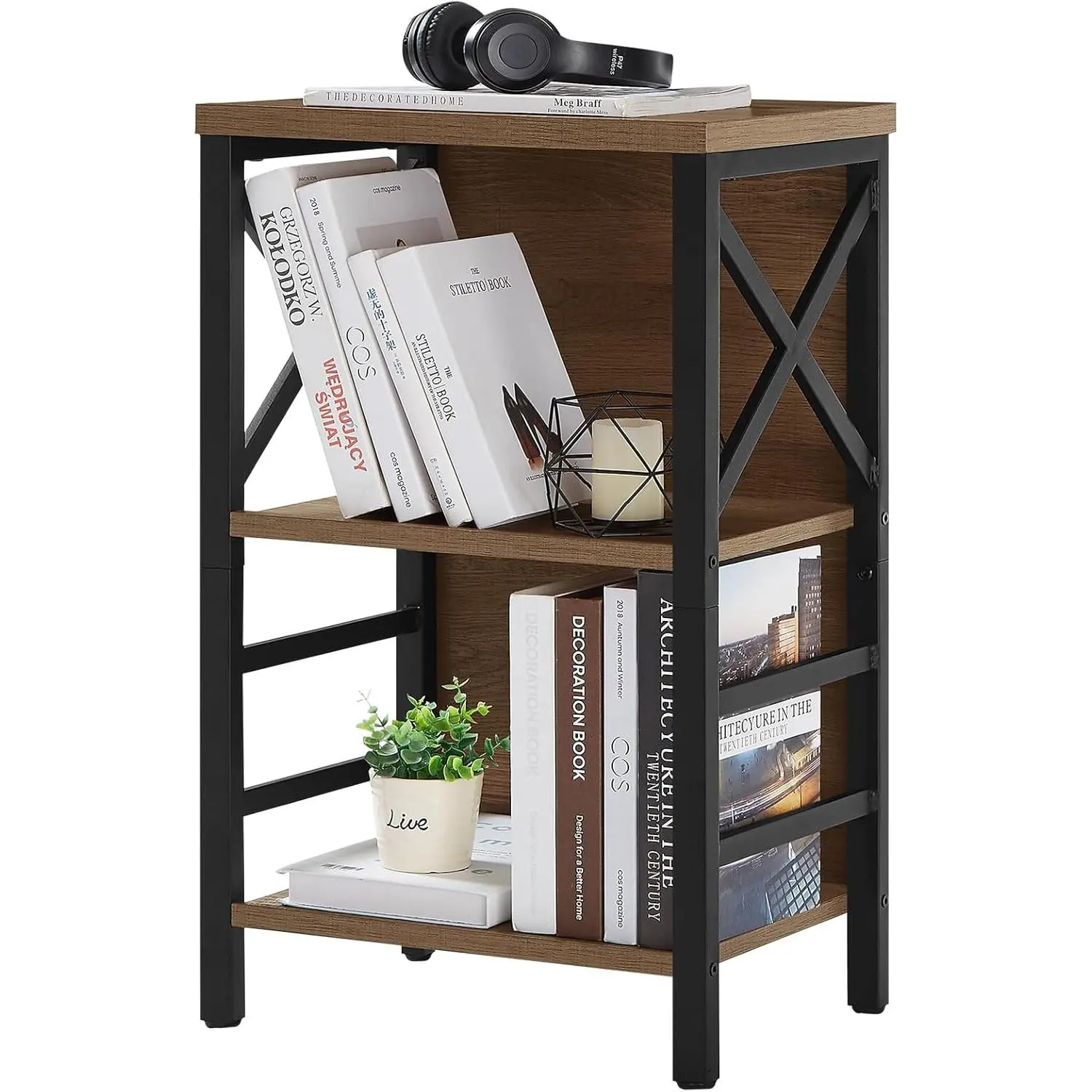 3-Tier Industrial Low Bookcase with Metal Frame, Backboard, Durable Structure & Elegant Industrial Design, Space-Saving Office Furniture for Living Room, Bedroom Assembly Required, Storage