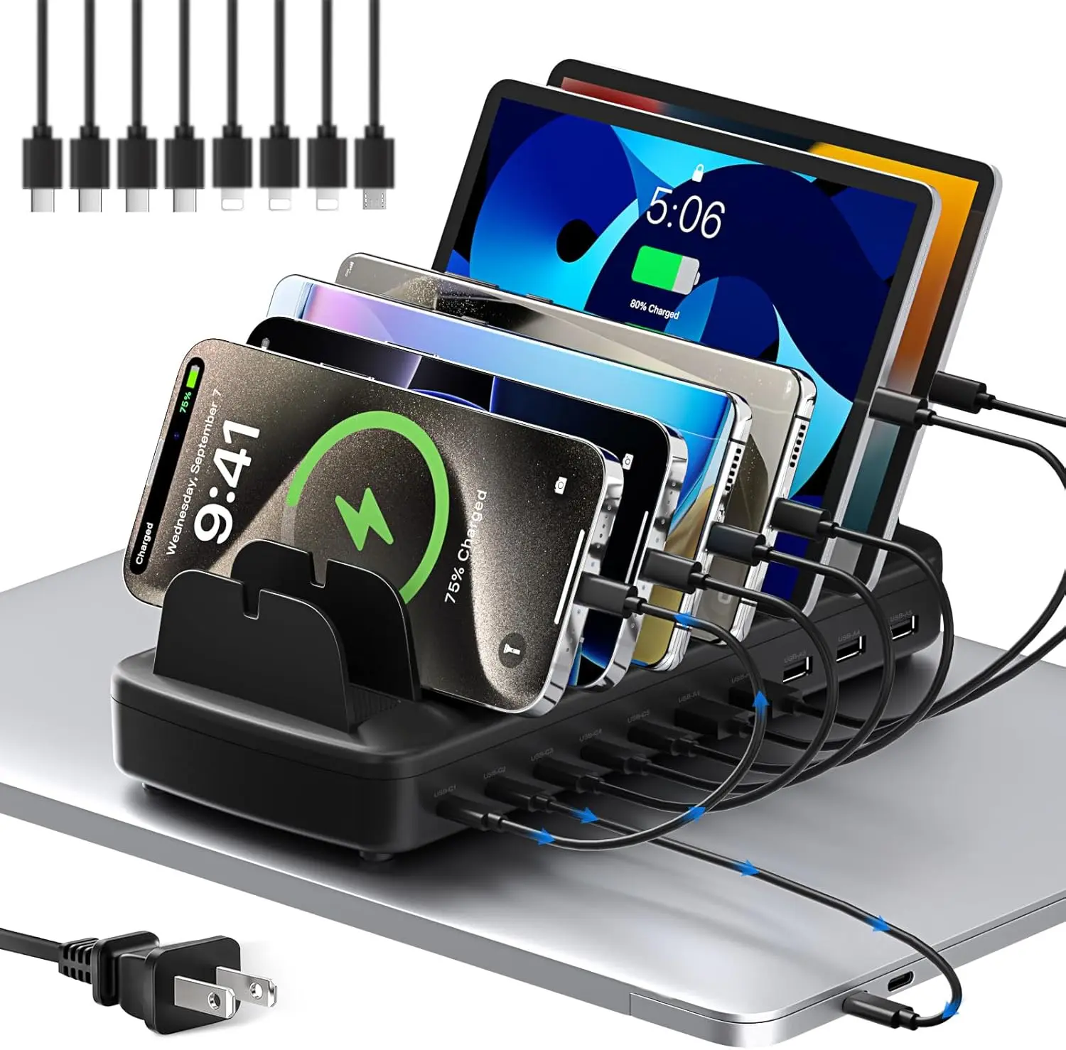 COZOME 10-Port 100W USB Fast Charging Station, Multi-Device Home Charger with Organizer, Compatible with iPhone, iPad, Android Phones & Tablets. Charging & Storage All-in-One, Space-Saving Desktop Hub for Family, Home, Office & Dorm