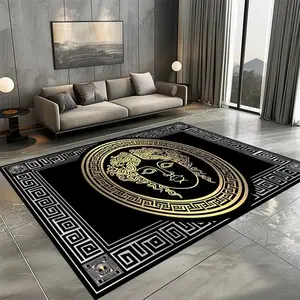 Luxury Medallion with Greek Key Border Flannel Area Rug - Black & Gold Ornate Print Soft Mat for Living Room & Hallway, Non-Slip Elegant Home Decor #LuxuryMedallionRug #GreekKeyBorderMat #ElegantHomeDecor #GoldOrnateCarpet #NonSlipFlannelRug