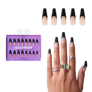 Gold Finger Glitzy 3D Press-On Nails in So Subtle – 3X-Long Coffin Fake Nails, Black Rhinestone French Tip, Luxury Glue On Nails, 28 Pc Kit
