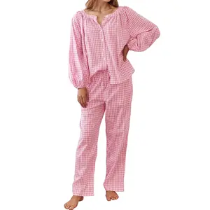 Womens Gingham Pajama Set, 2 Piece Cotton Homewear, Cozy Plaid Pjs, Long Sleeve Button Top Straight Leg Pants Loungewear, Comfort Lounge Set