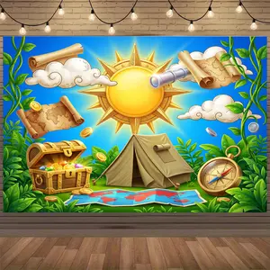 2D Flat Spring Cartoon Theme Backdrop, Vibrant Polyester Scenery with Red House Blue Sky and Clouds, Photo Booth Decor for Kids Room Holiday Photography Festive Event Party Decoration, Party Banner
