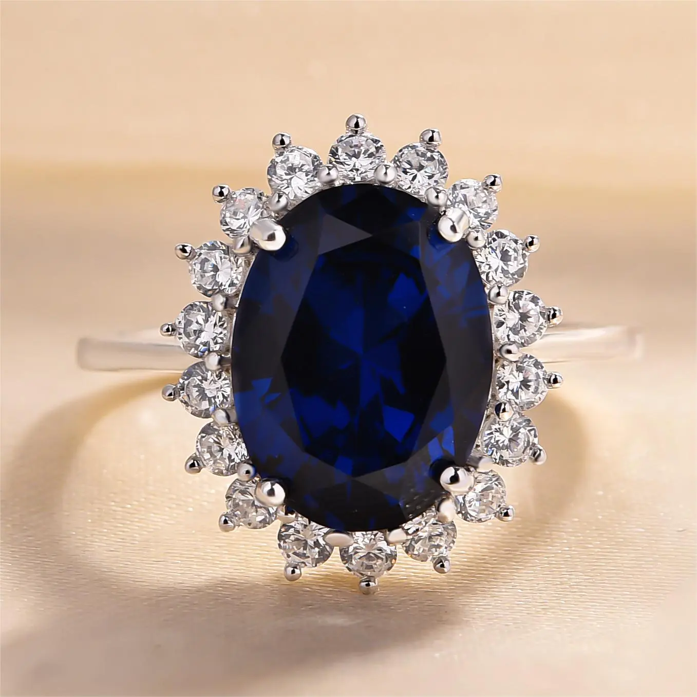 Effinny 4.0ct Oval Cut Luxurious Halo Blue Stone Engagement Ring In Sterling Silver, 5A Grade Cubic Zirconia Promise Ring for Women, Adults